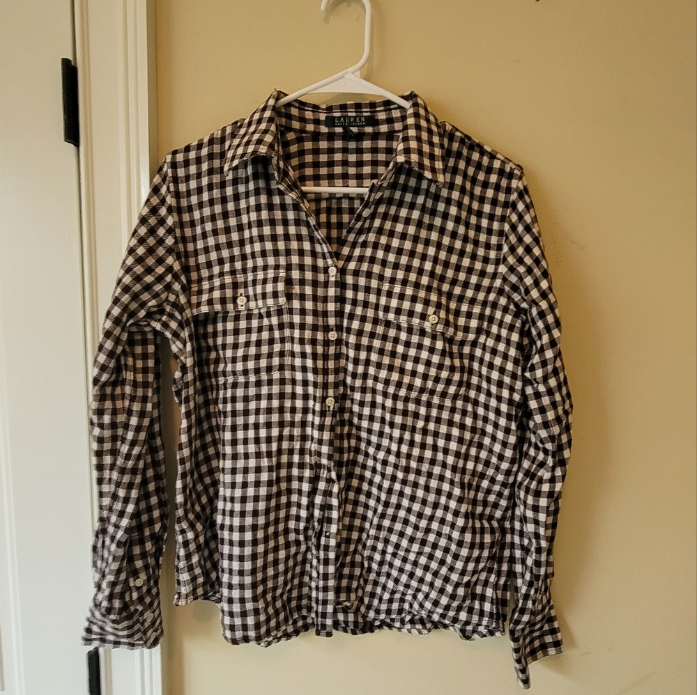 Lauren Ralph Lauren Black White Checkered Long Sleeve Cotton Shirt Top Blouse